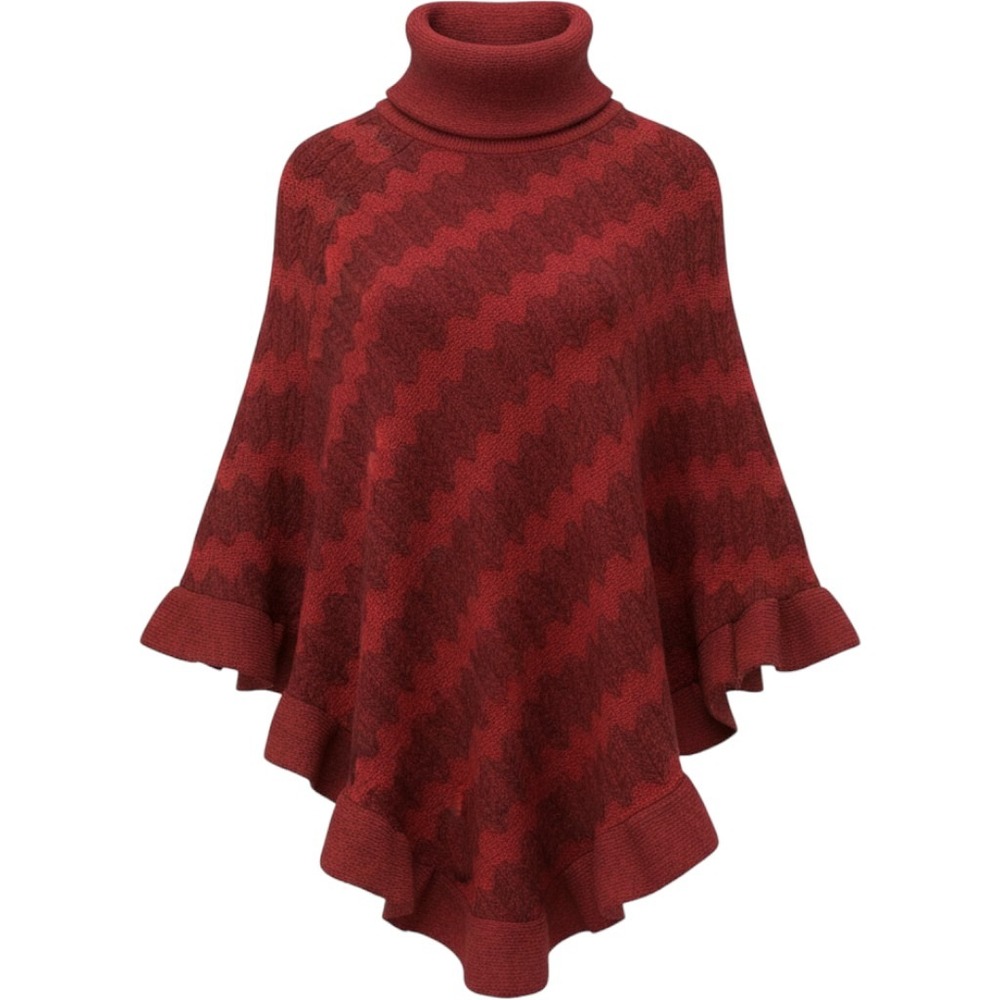 Red Burgundy Chevron Knit Poncho Turtleneck Ruffle Hem One Size OSFM